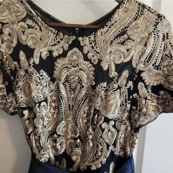 R&M Richards Blue and Gold Embellished Sequin Bow High Low Ball Gown Dress - Picture 12 of 12